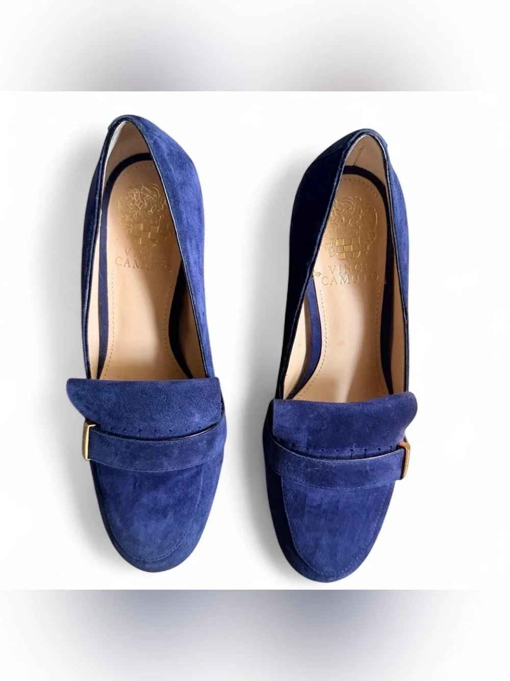 Vince Camuto Navy Suede Block Heel Pumps with Gold Accent